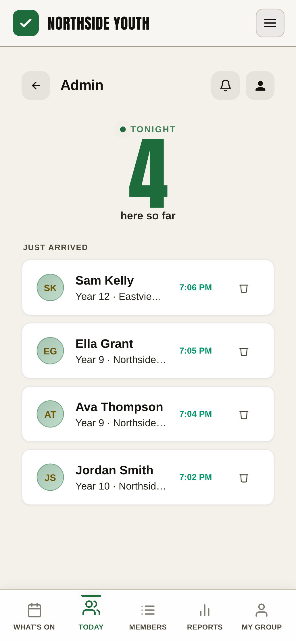 RollCall leader dashboard showing who's checked in tonight and when each member arrived