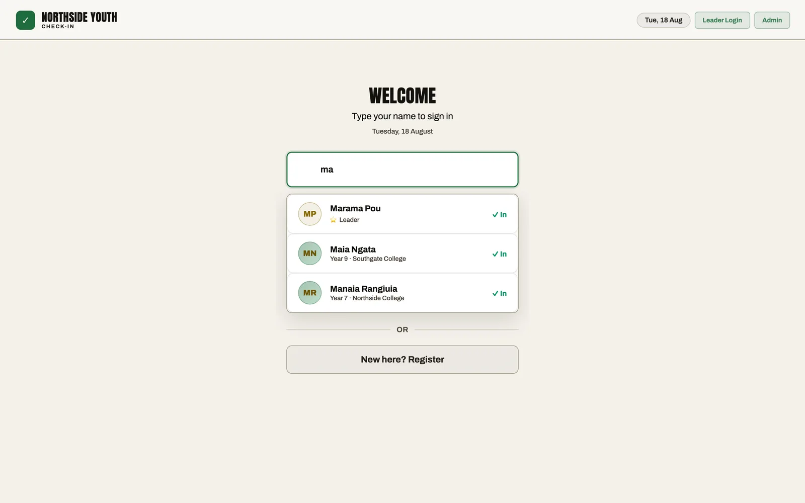 The RollCall check-in screen on a desktop: matching names appear as someone types